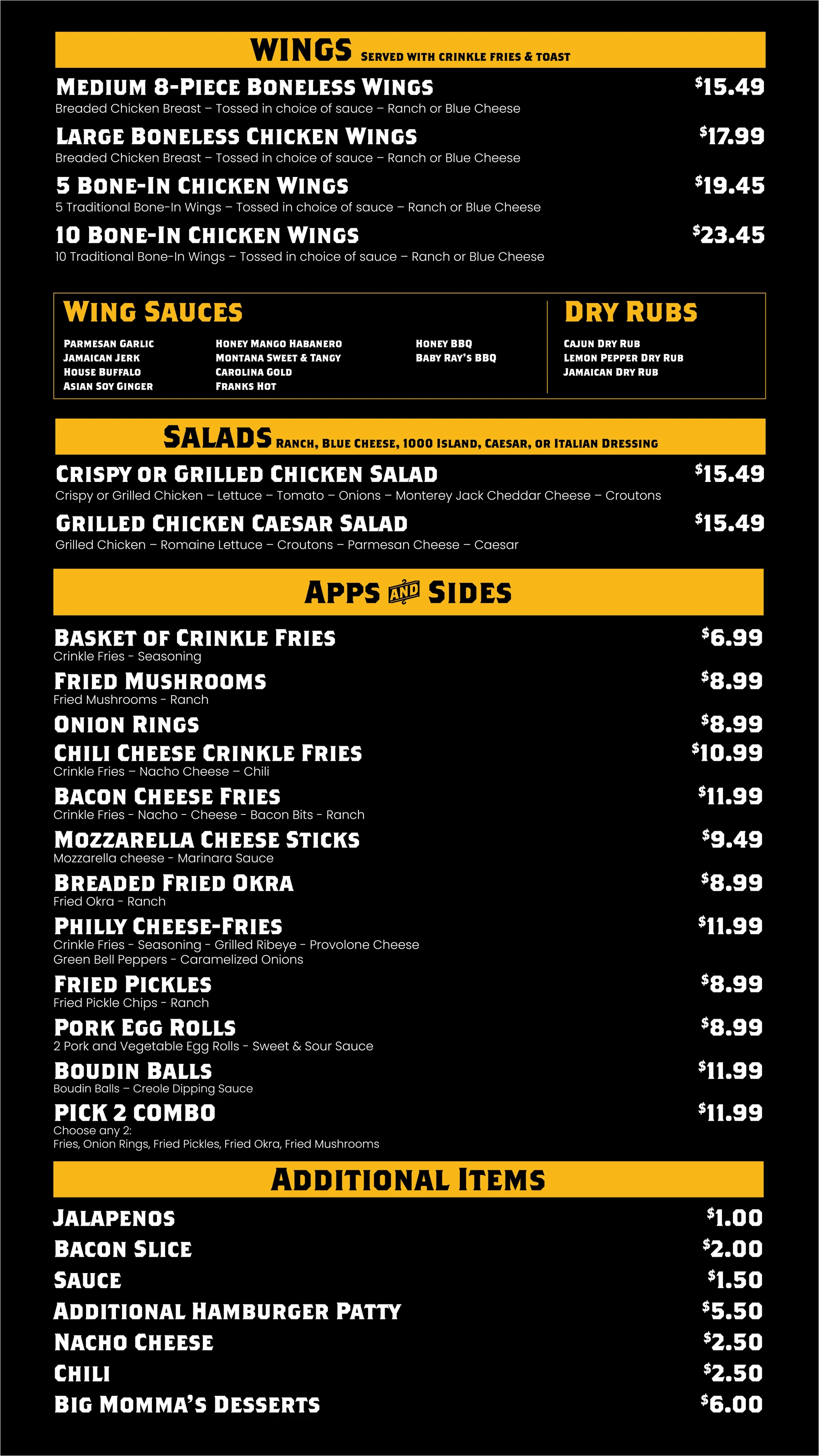 Original Big Momma's Kitchen menu: wings, salads, appetizers and sides; prices need client verification
