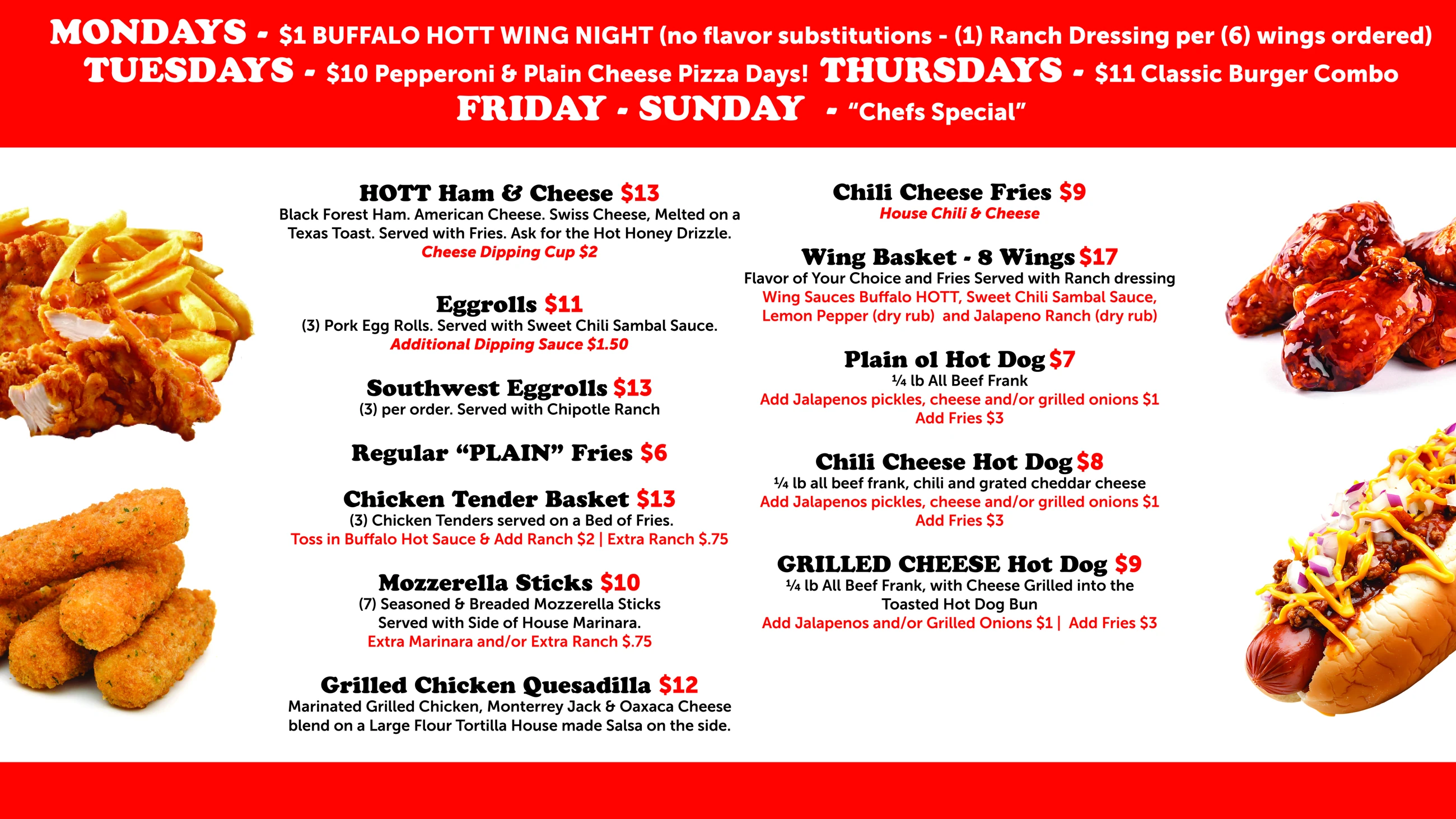 Original RJ's Catering menu: hot dogs, wings, chicken tenders and grilled cheese; prices need client verification