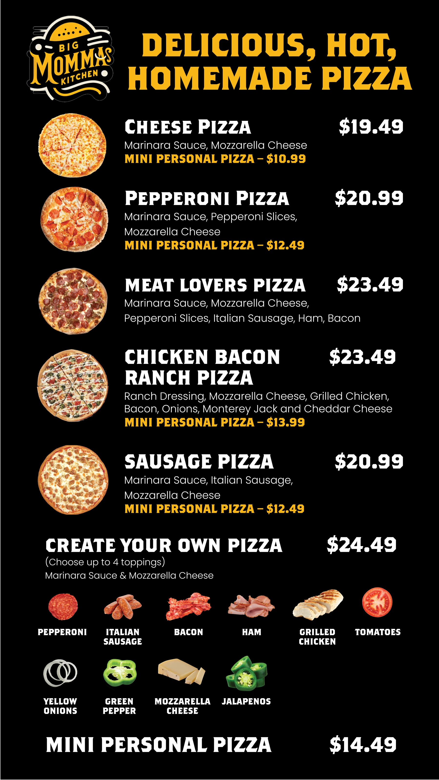 Original Big Momma's Kitchen homemade pizza menu; prices need client verification