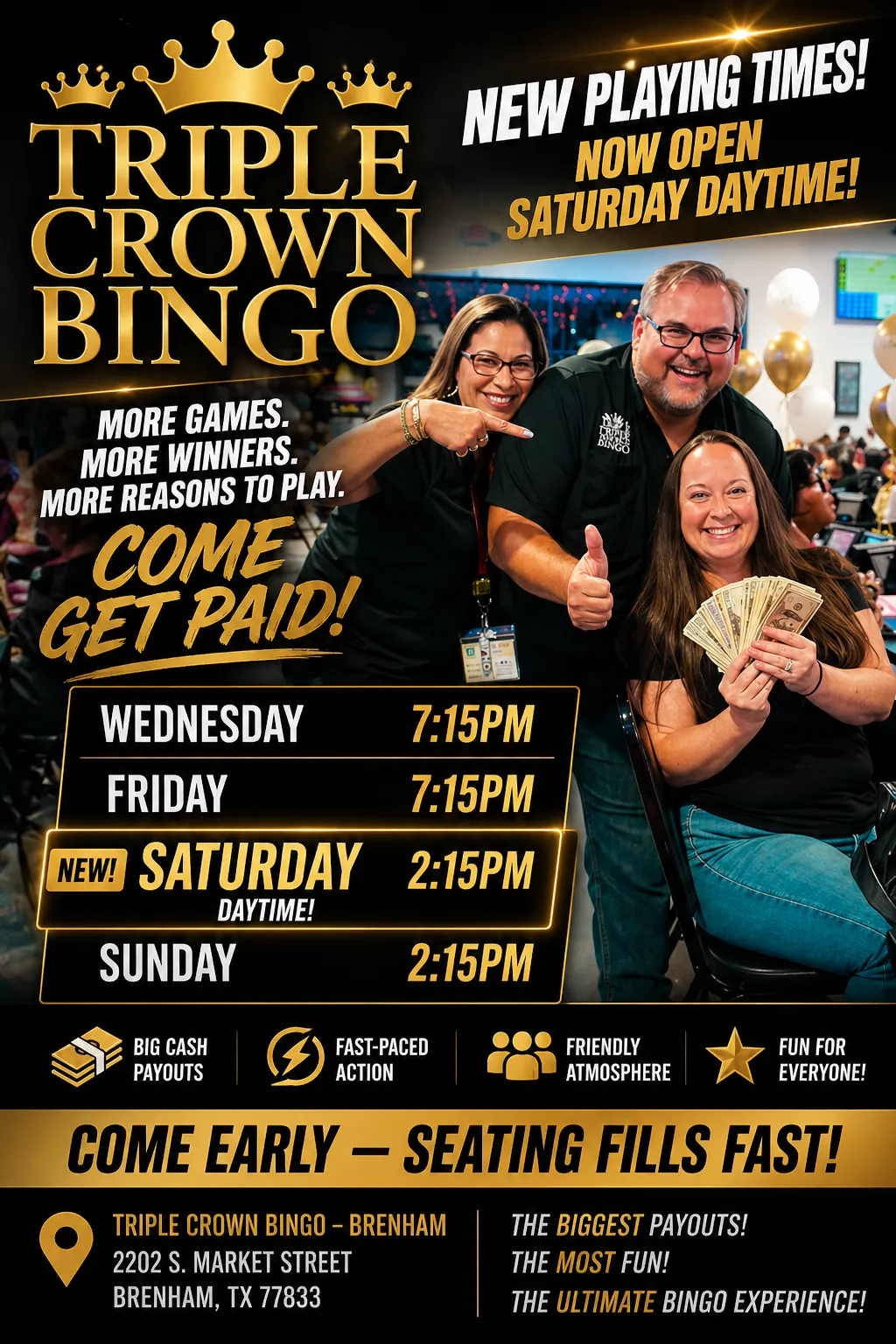 Brenham playing times flyer: Wednesday 7:15 PM, Friday 7:15 PM, Saturday daytime 2:15 PM, Sunday 2:15 PM