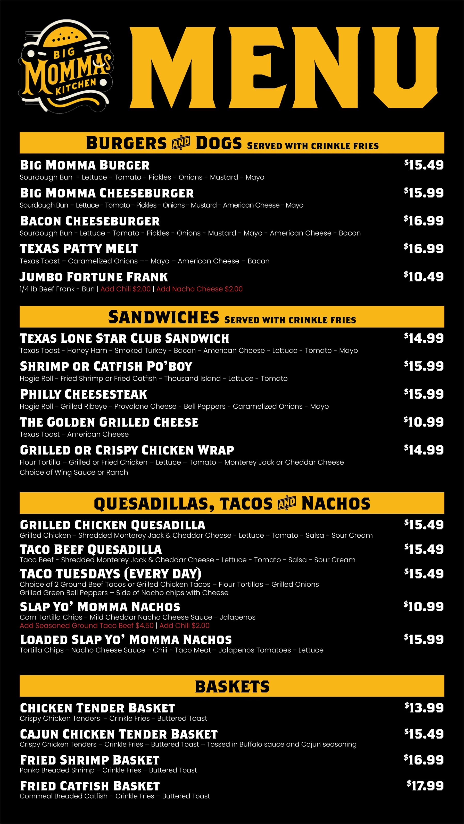 Original Big Momma's Kitchen menu: burgers, sandwiches, tacos, nachos and baskets; prices need client verification