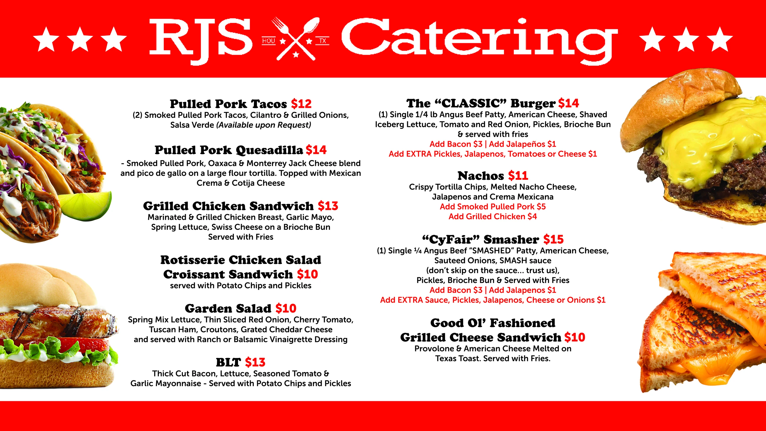 Original RJ's Catering menu: tacos, sandwiches and burgers; prices need client verification