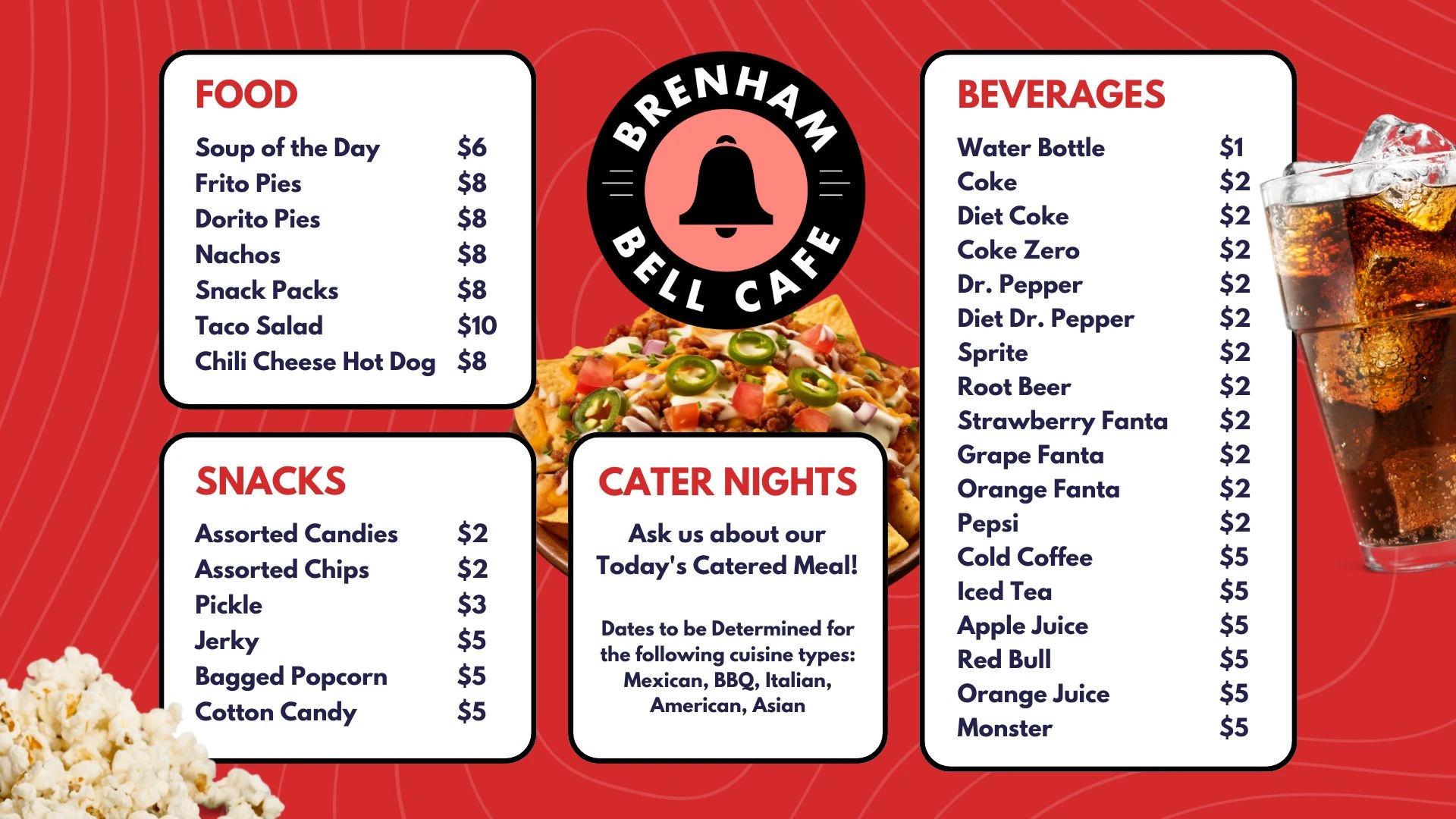 Original Brenham food, snacks, beverages and Cater Nights menu; prices need client verification