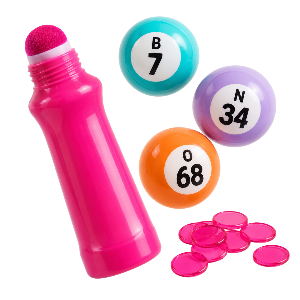 A pink bingo dauber, colorful bingo balls and a pile of chips
